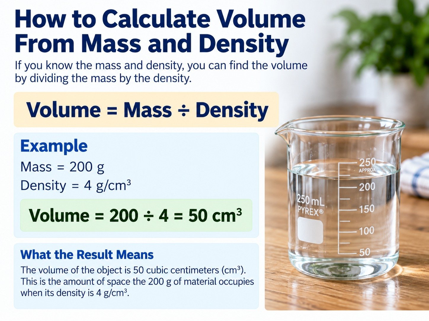Worked example calculating volume from mass and density