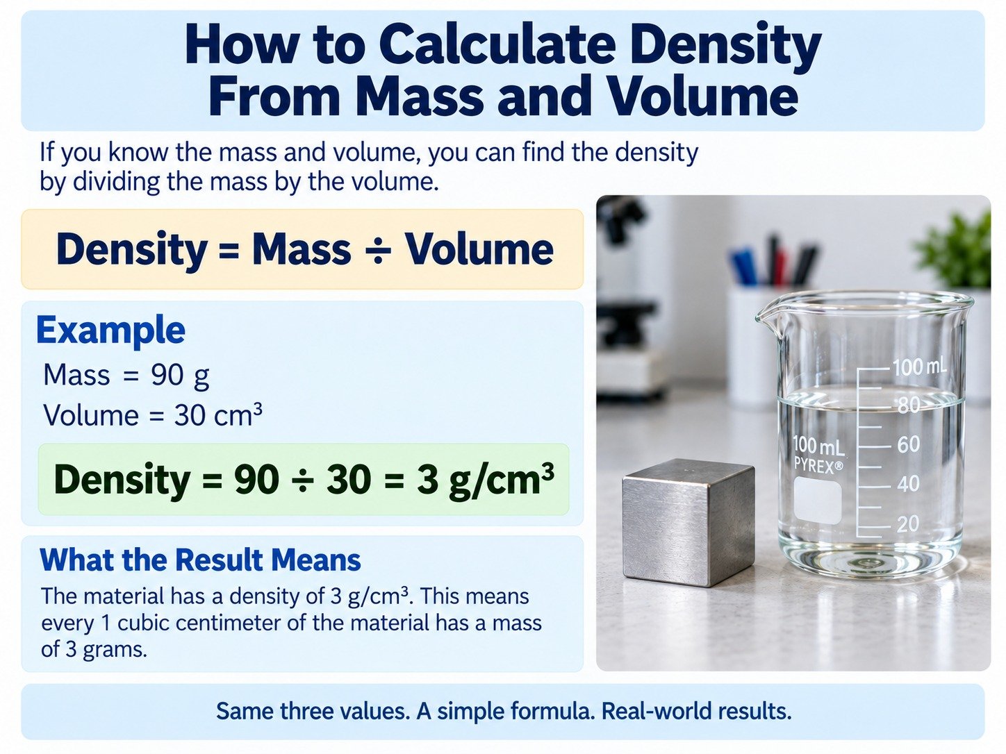 Worked example calculating density from mass and volume