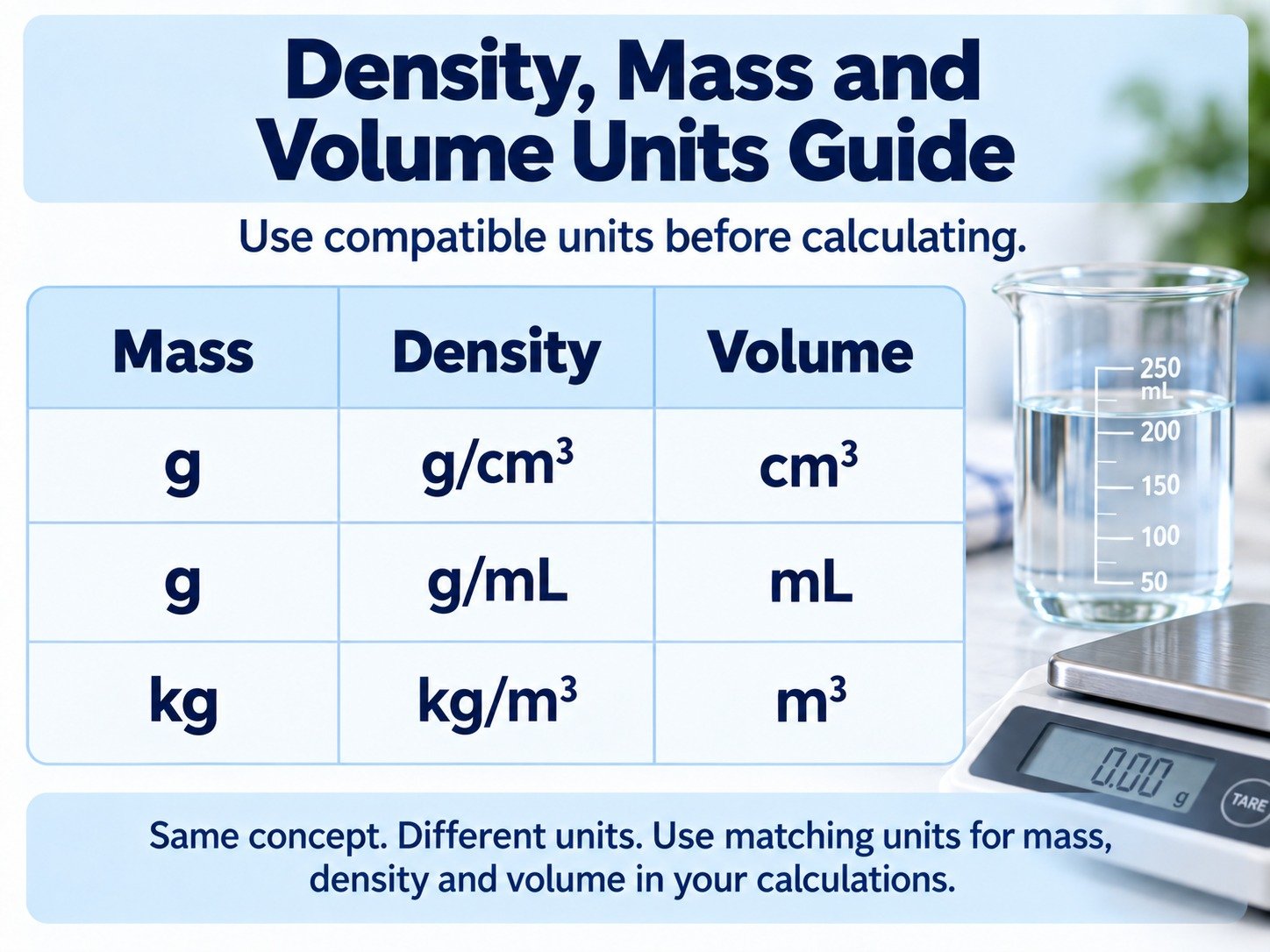 Density mass and volume compatible units guide