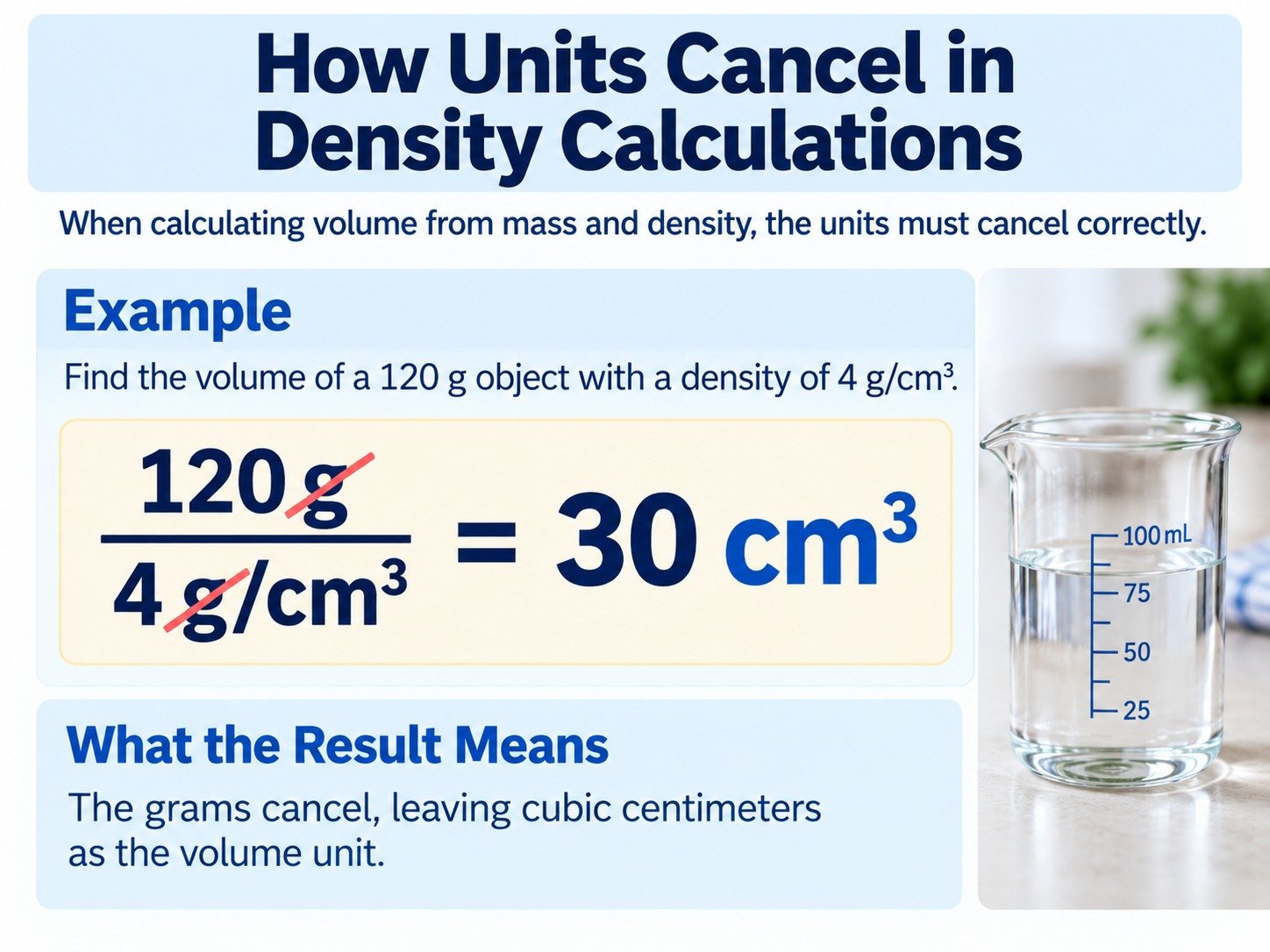 How units cancel in a density calculation