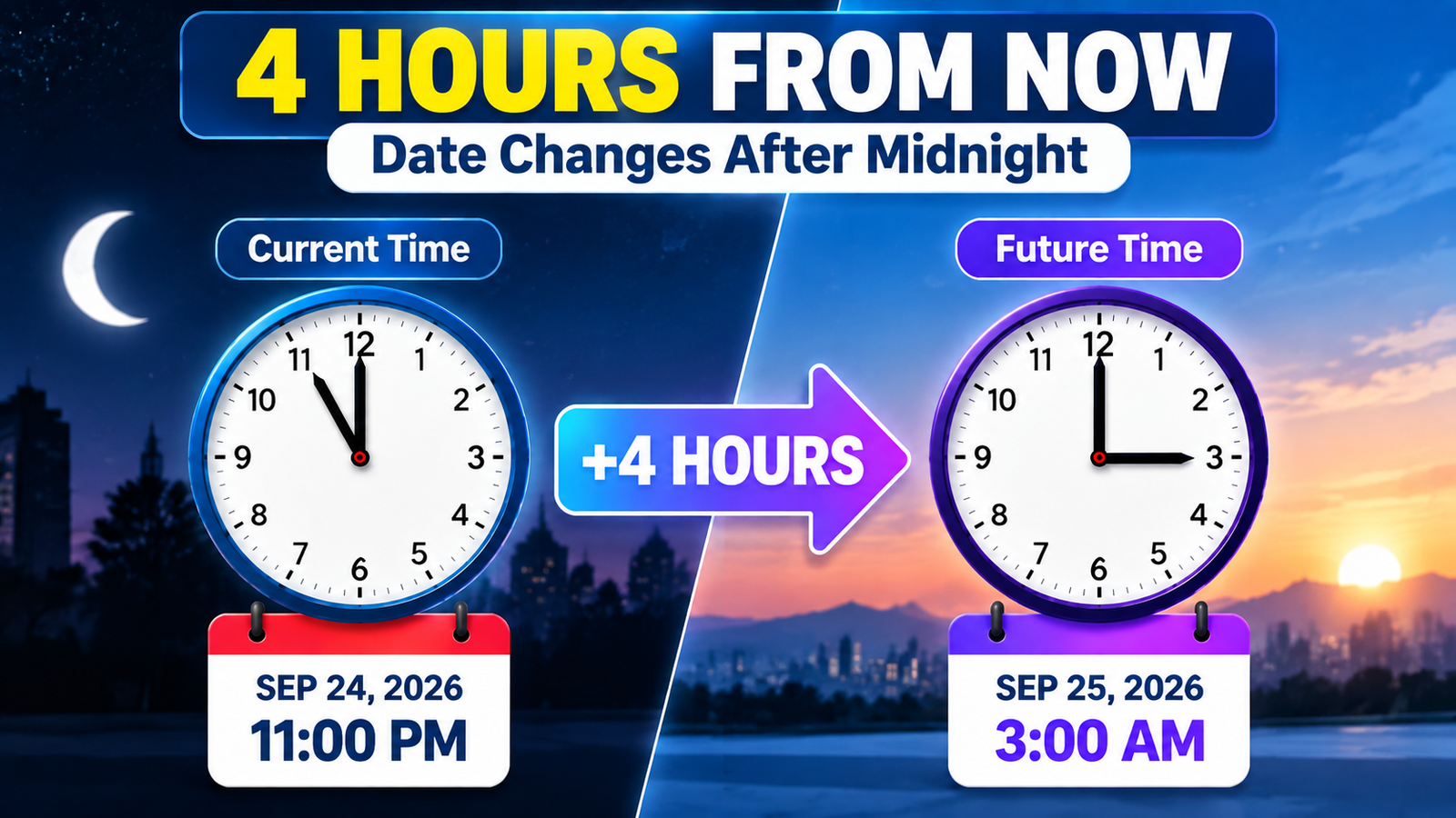 Four hours from now crossing midnight and changing date