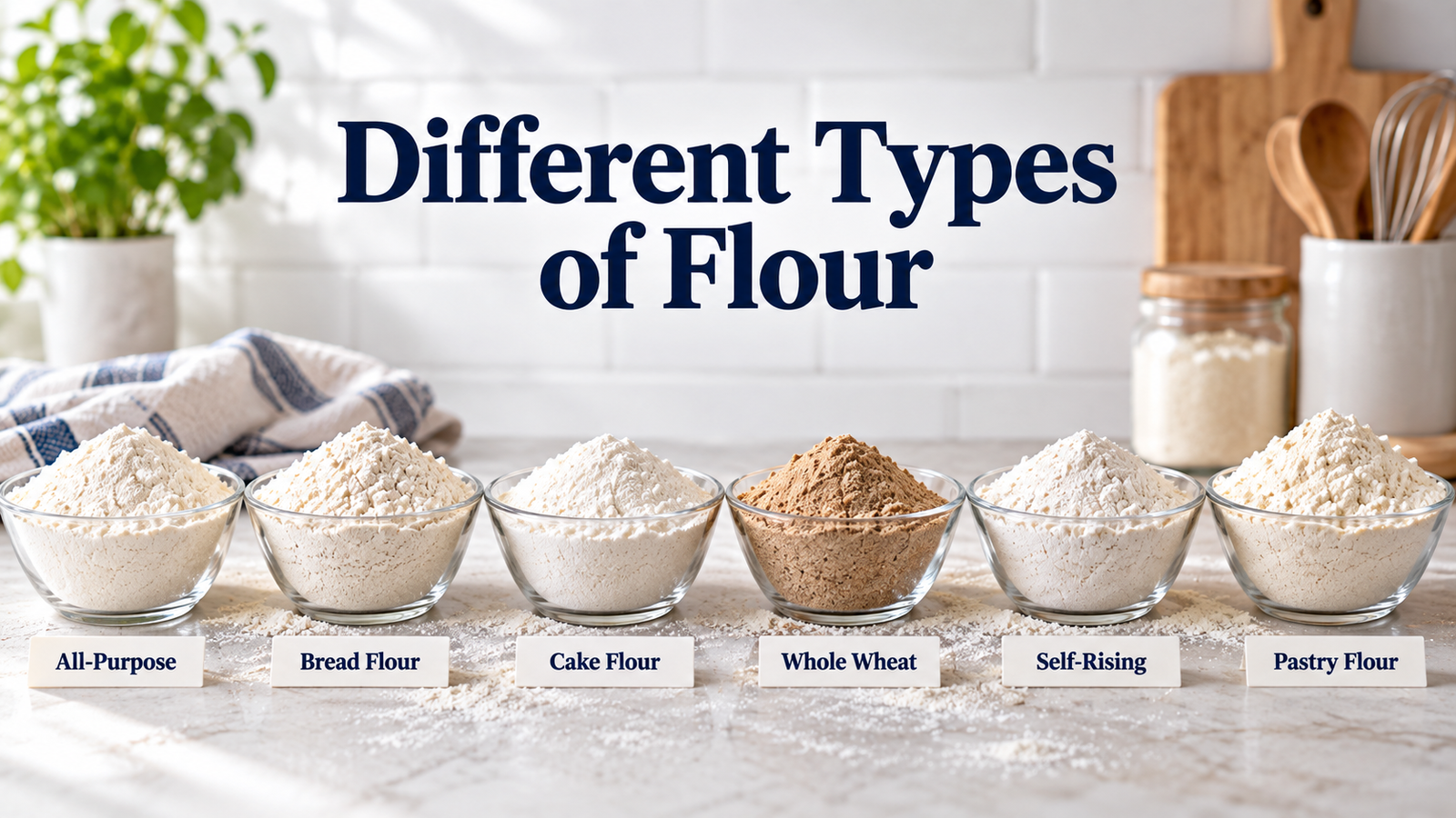 Six bowls containing all-purpose bread cake whole wheat self-rising and pastry flour