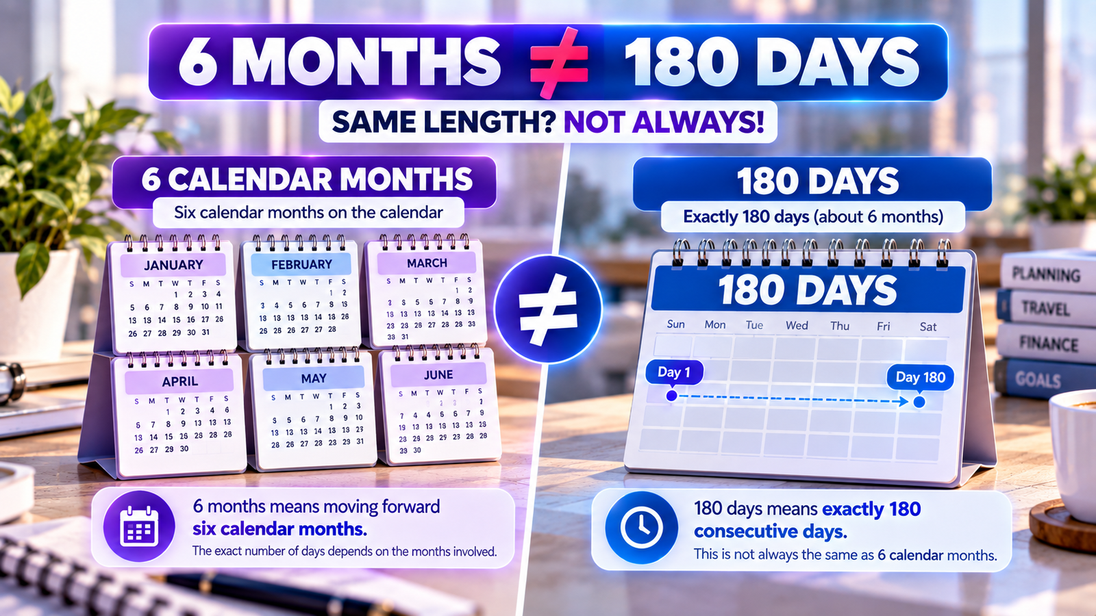 Comparison showing that six calendar months are not always equal to 180 days