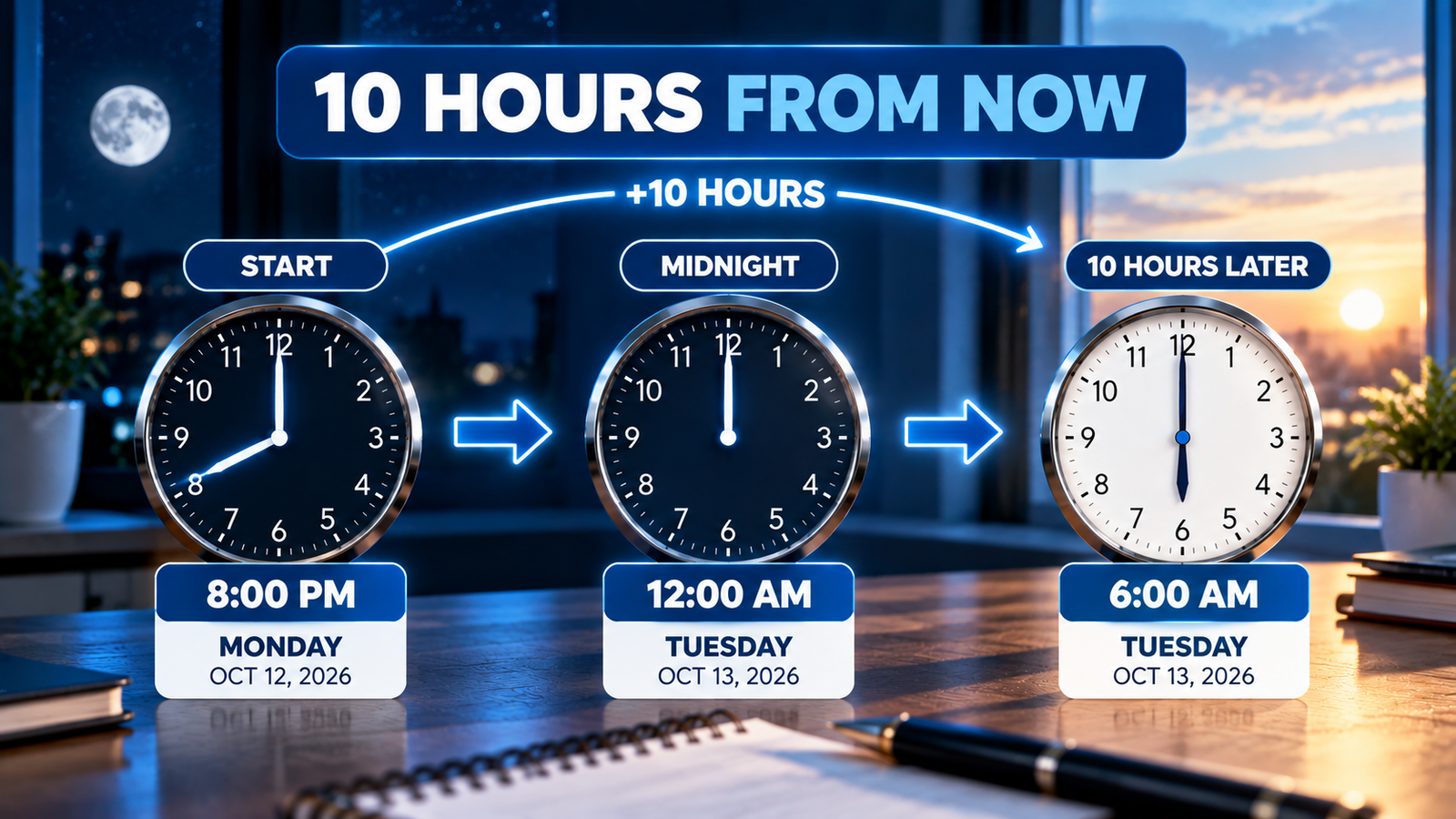 Timeline explaining how to calculate 10 hours from a starting time