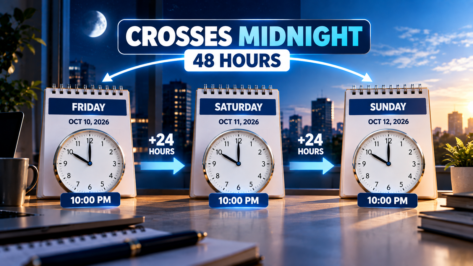 48 hour calculation crossing midnight and changing calendar dates