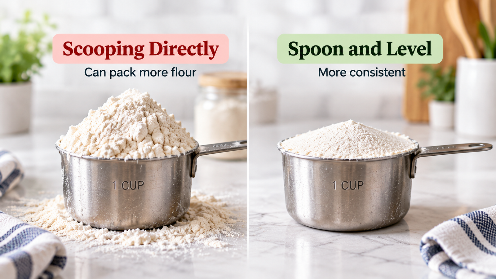 Packed flour compared with properly spooned and leveled flour in measuring cups