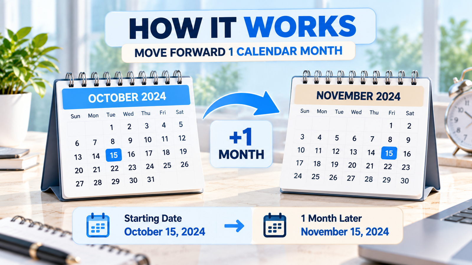 How one calendar month is calculated by moving from October 15 to November 15