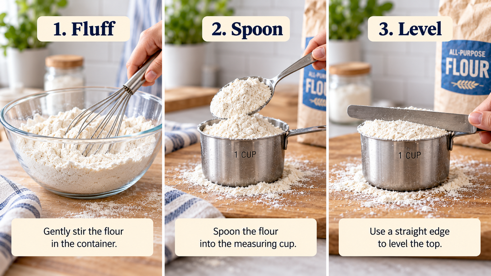 Three-step flour measuring method showing fluff spoon and level