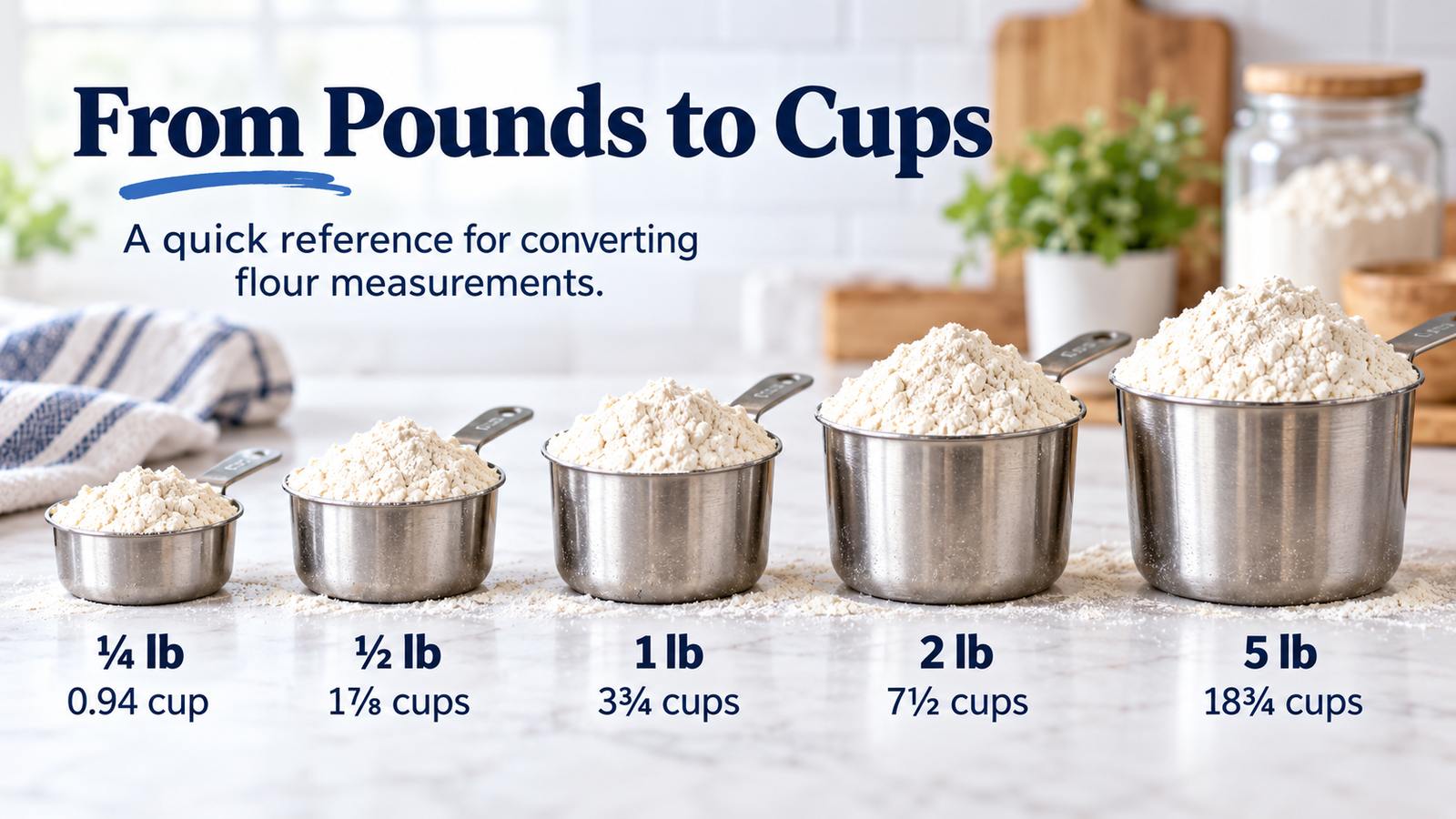Pounds of flour to cups conversion using real measuring cups filled with flour
