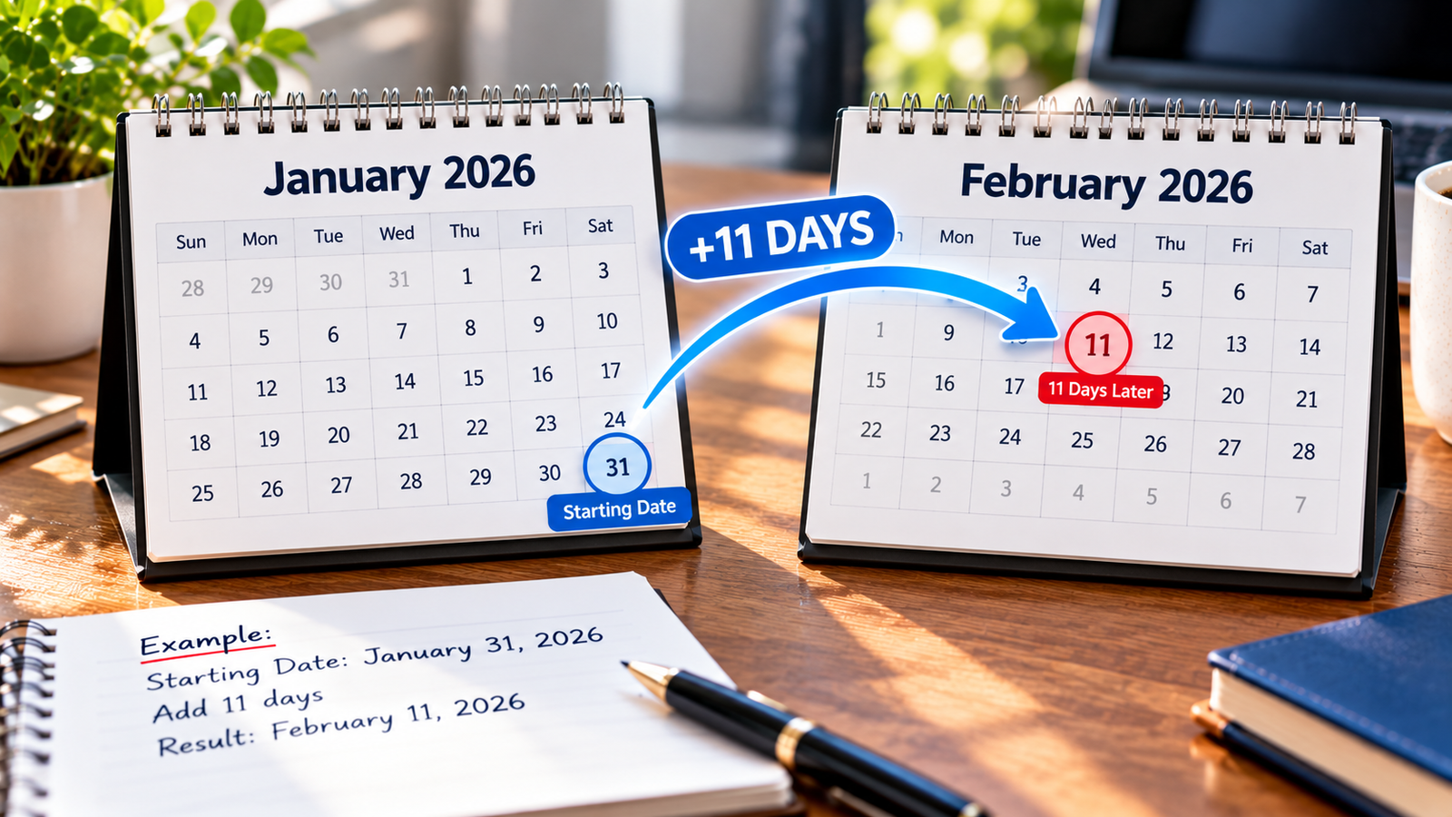 Calendar illustrating how to count 11 days forward