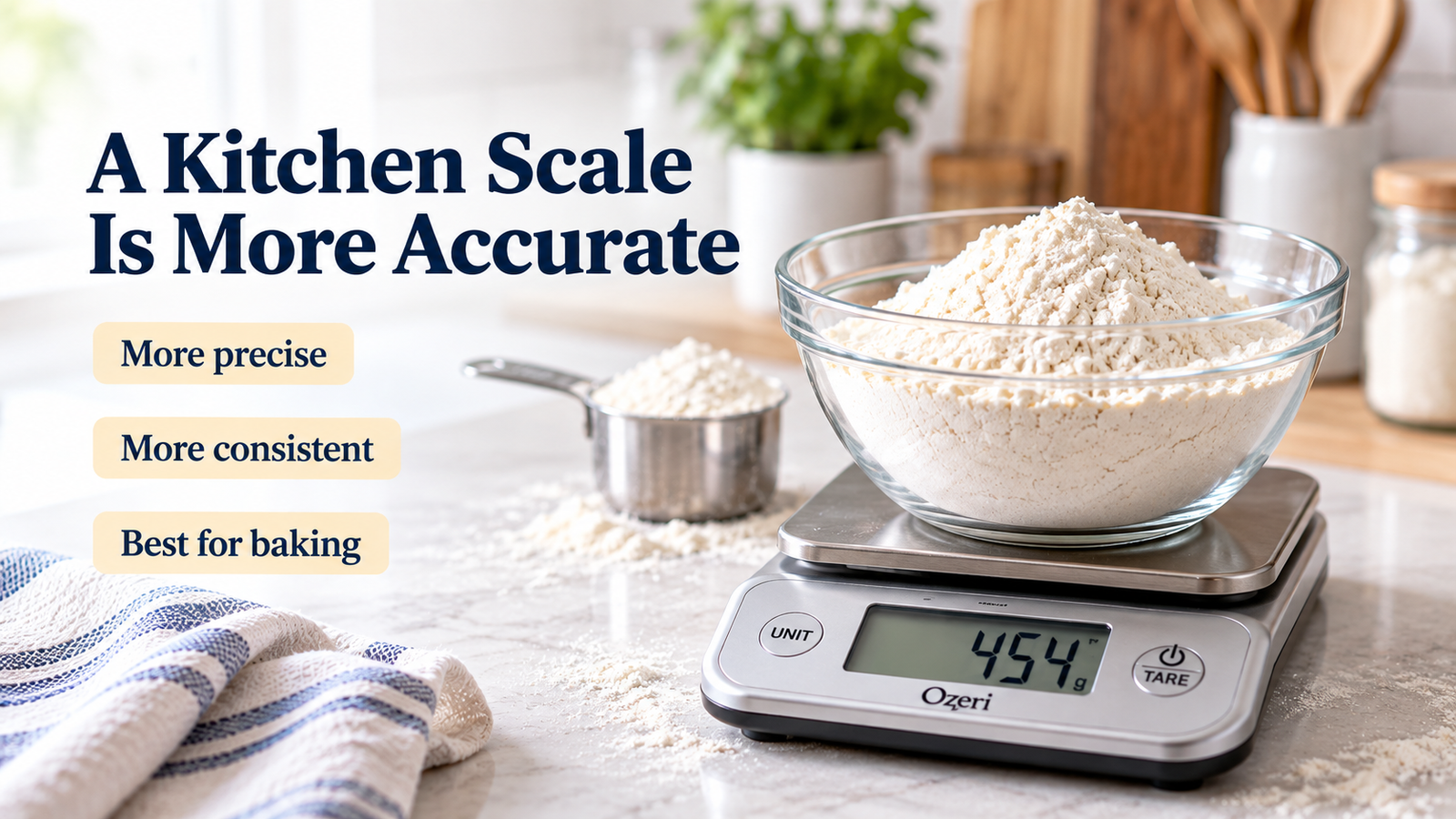 Bowl of flour being weighed on a digital kitchen scale