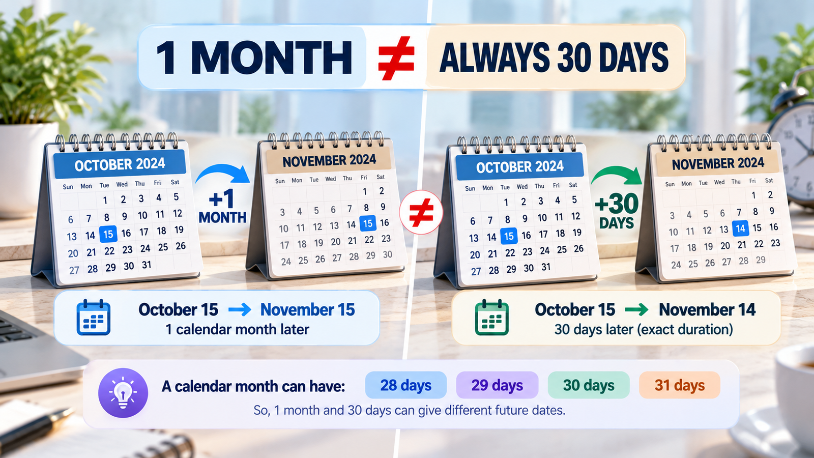 Comparison showing that one calendar month is not always the same as 30 days