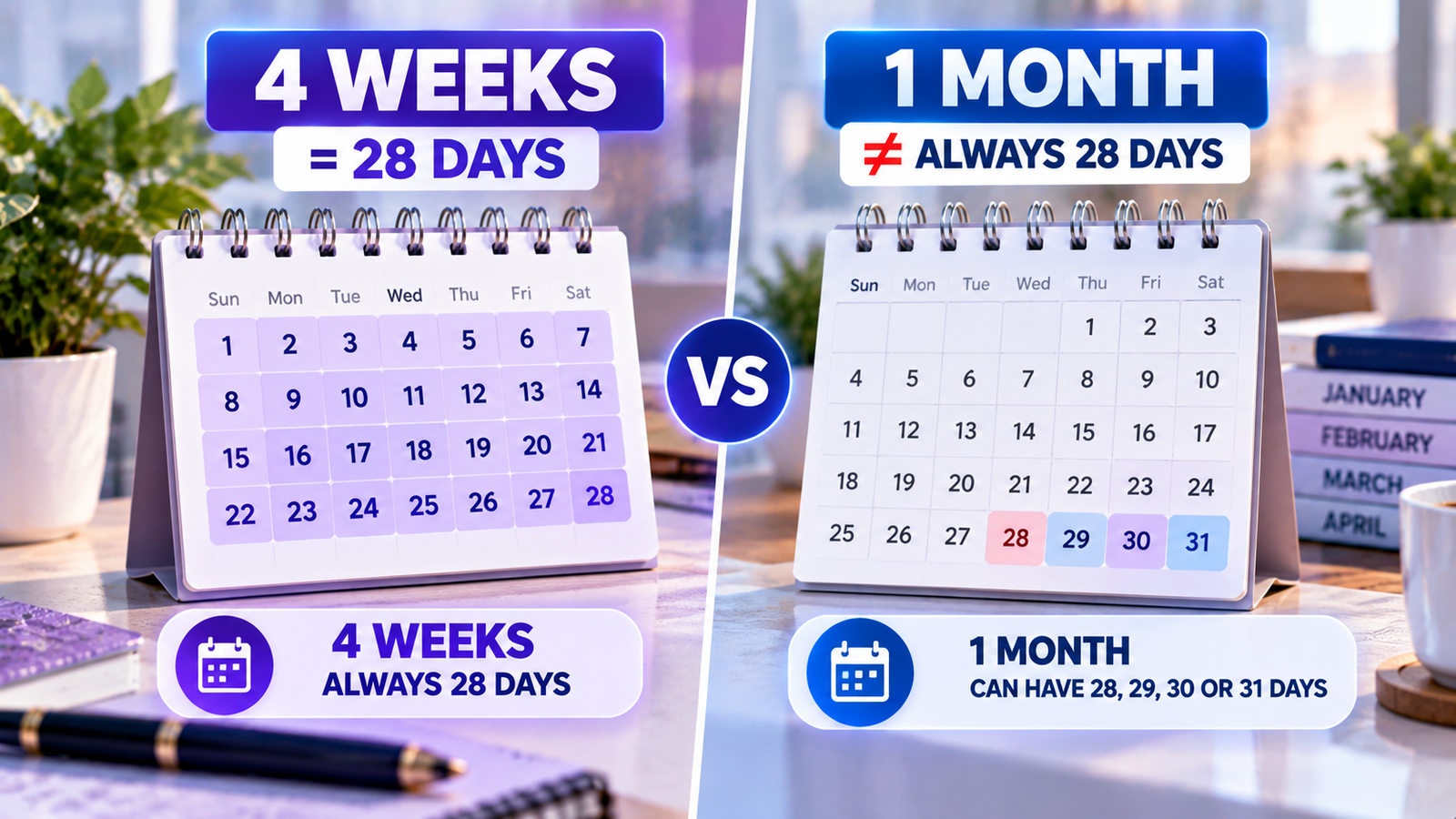 Comparison showing why four weeks is not always the same as one calendar month