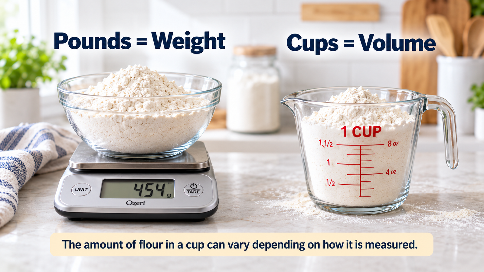 Flour weight versus volume comparison using a real digital scale and measuring cup