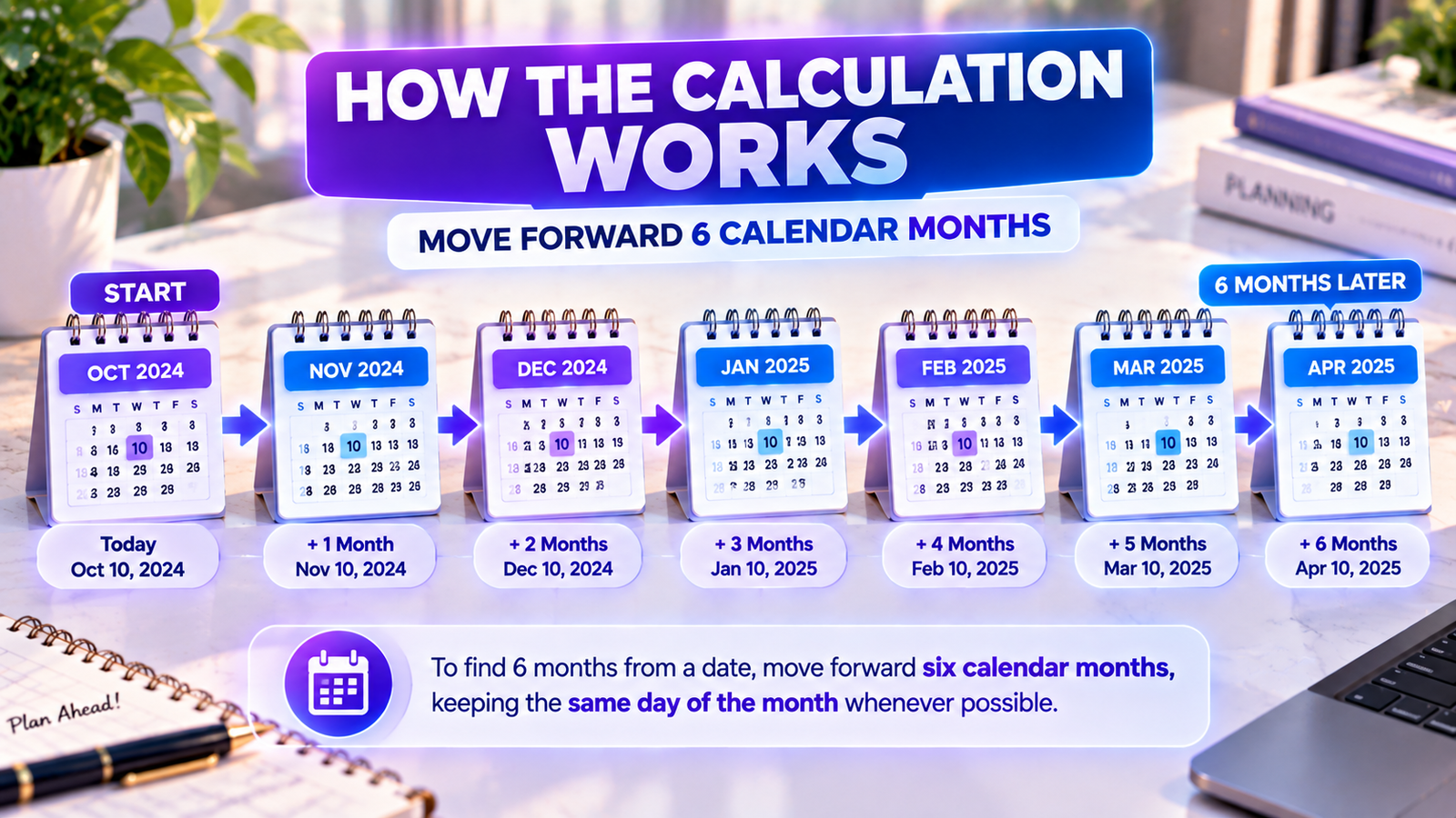 How to calculate six months from a date by moving forward six calendar months
