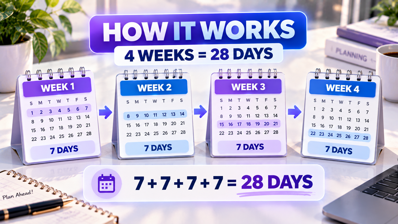 Four weeks explained as four seven-day periods totaling 28 days