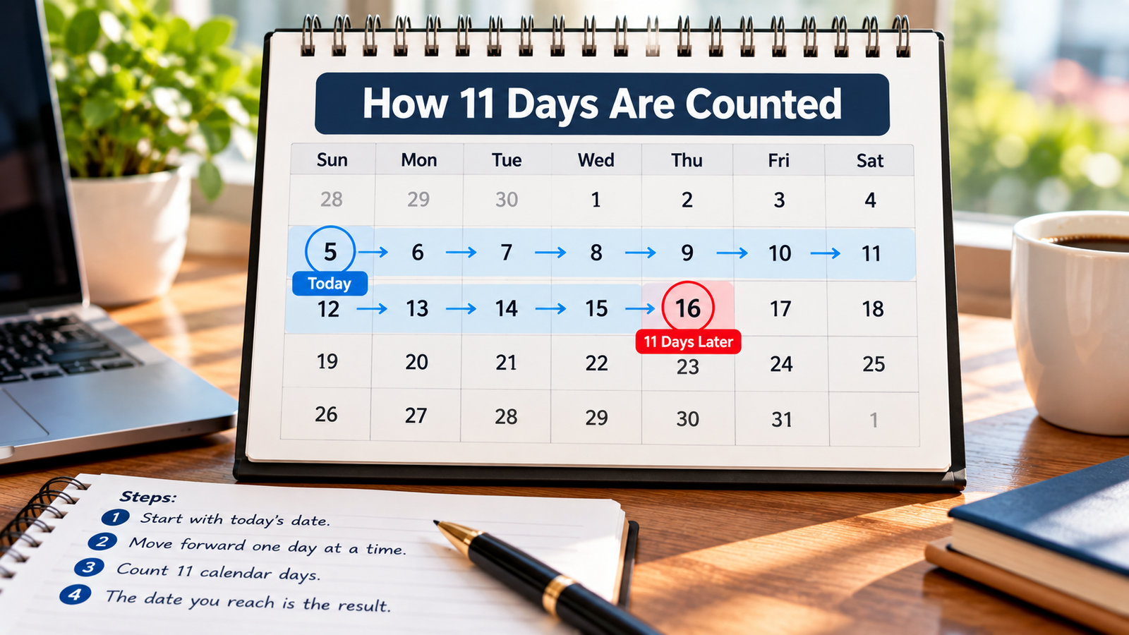 Realistic calendar showing an 11 day date calculation