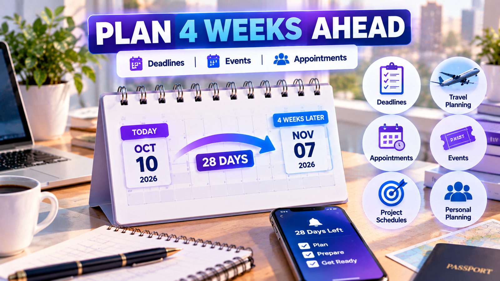 Planning four weeks ahead for deadlines events appointments travel and projects
