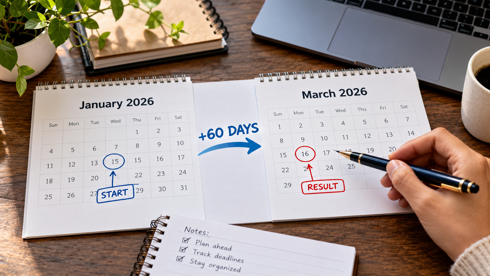 Calendar showing a 60 day date calculation