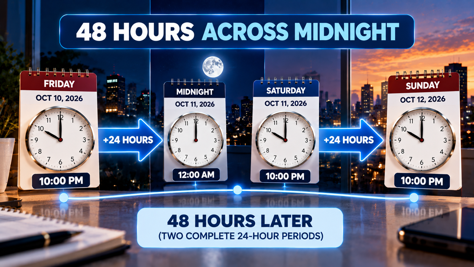48 hours crossing midnight and moving across calendar dates