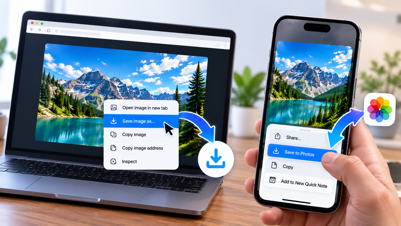 Saving a YouTube video thumbnail on a laptop and mobile phone