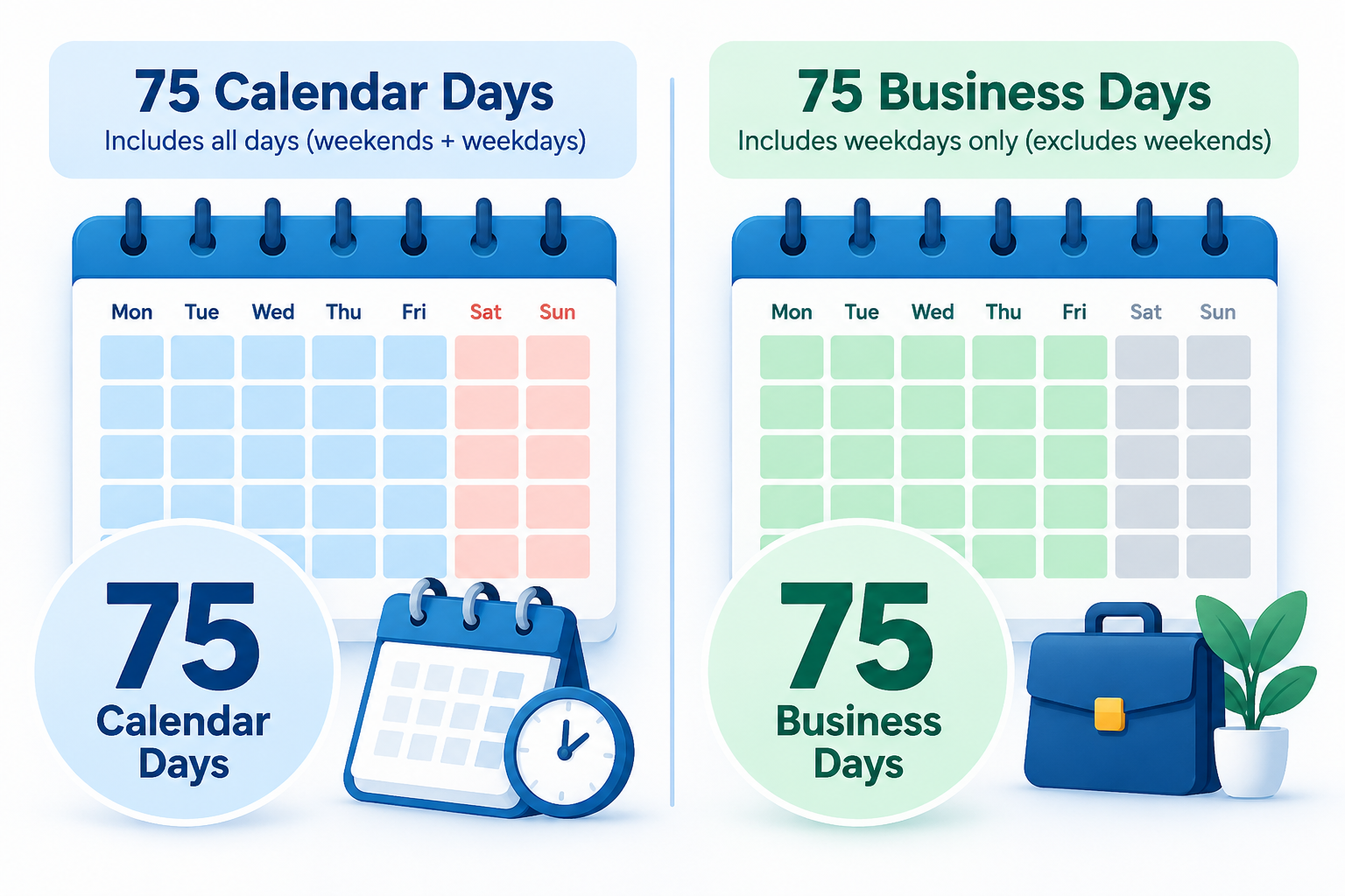 Comparison of 75 calendar days and 75 business days showing weekends included or excluded