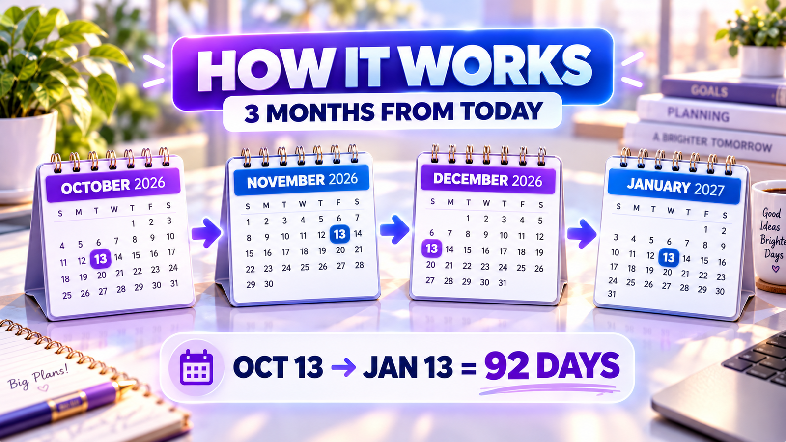 Illustration explaining three calendar months from October 13, 2026 to January 13, 2027, a period of 92 days