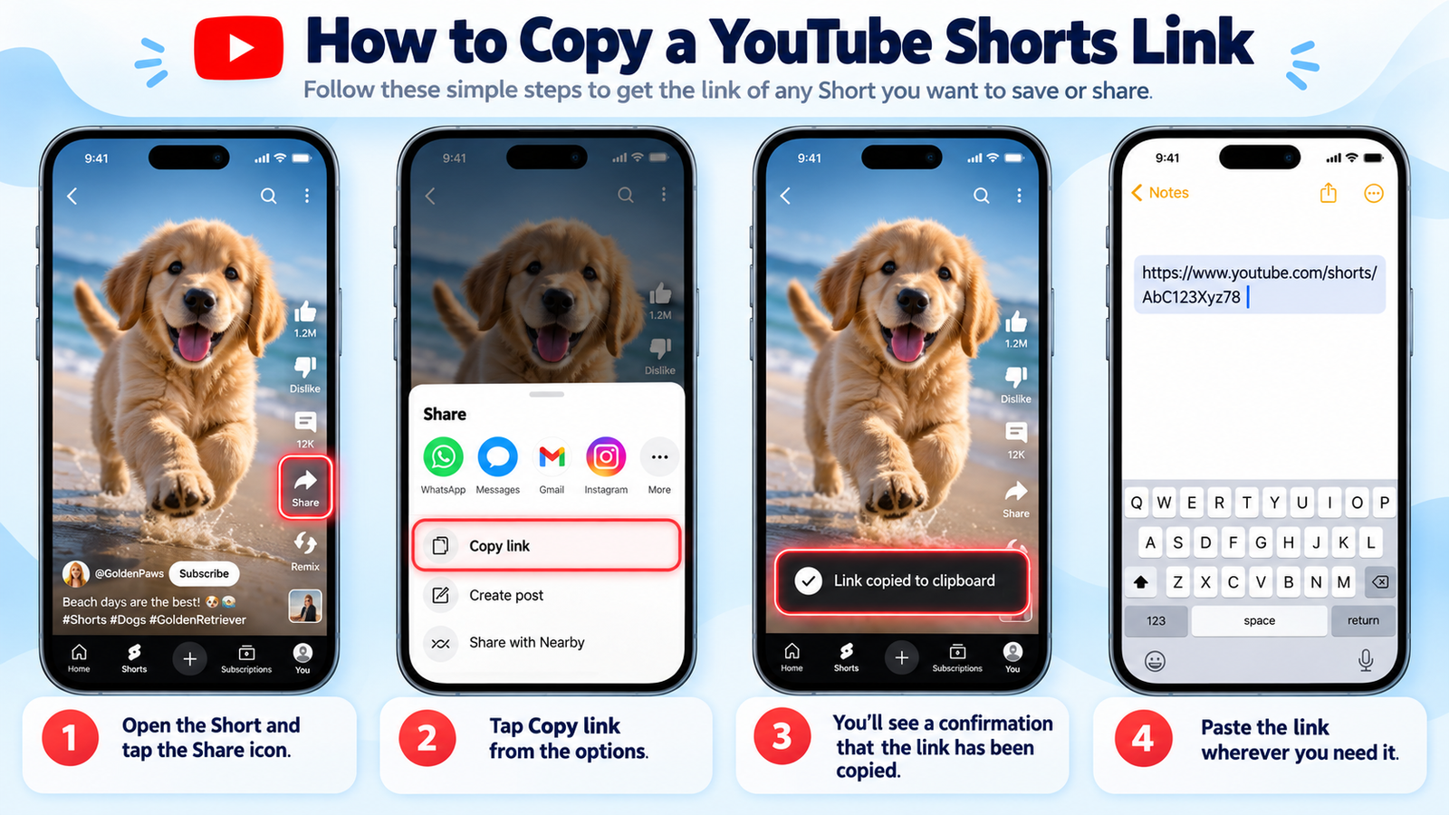 Step-by-step tutorial showing how to copy a YouTube Shorts link