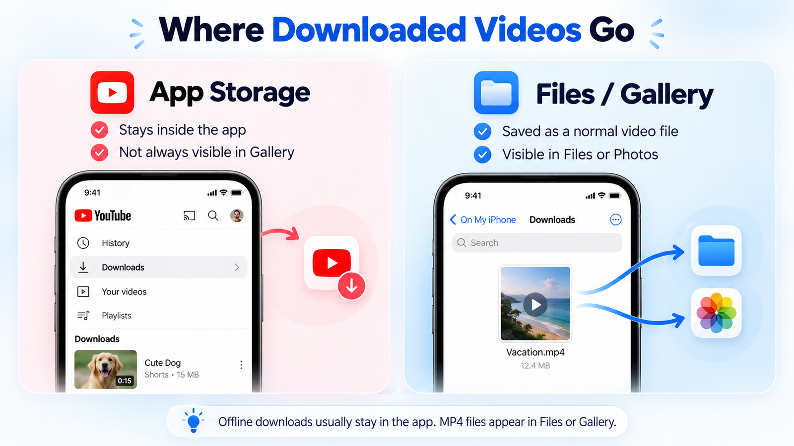 Where downloaded YouTube Shorts go: YouTube app storage versus ordinary MP4 video files