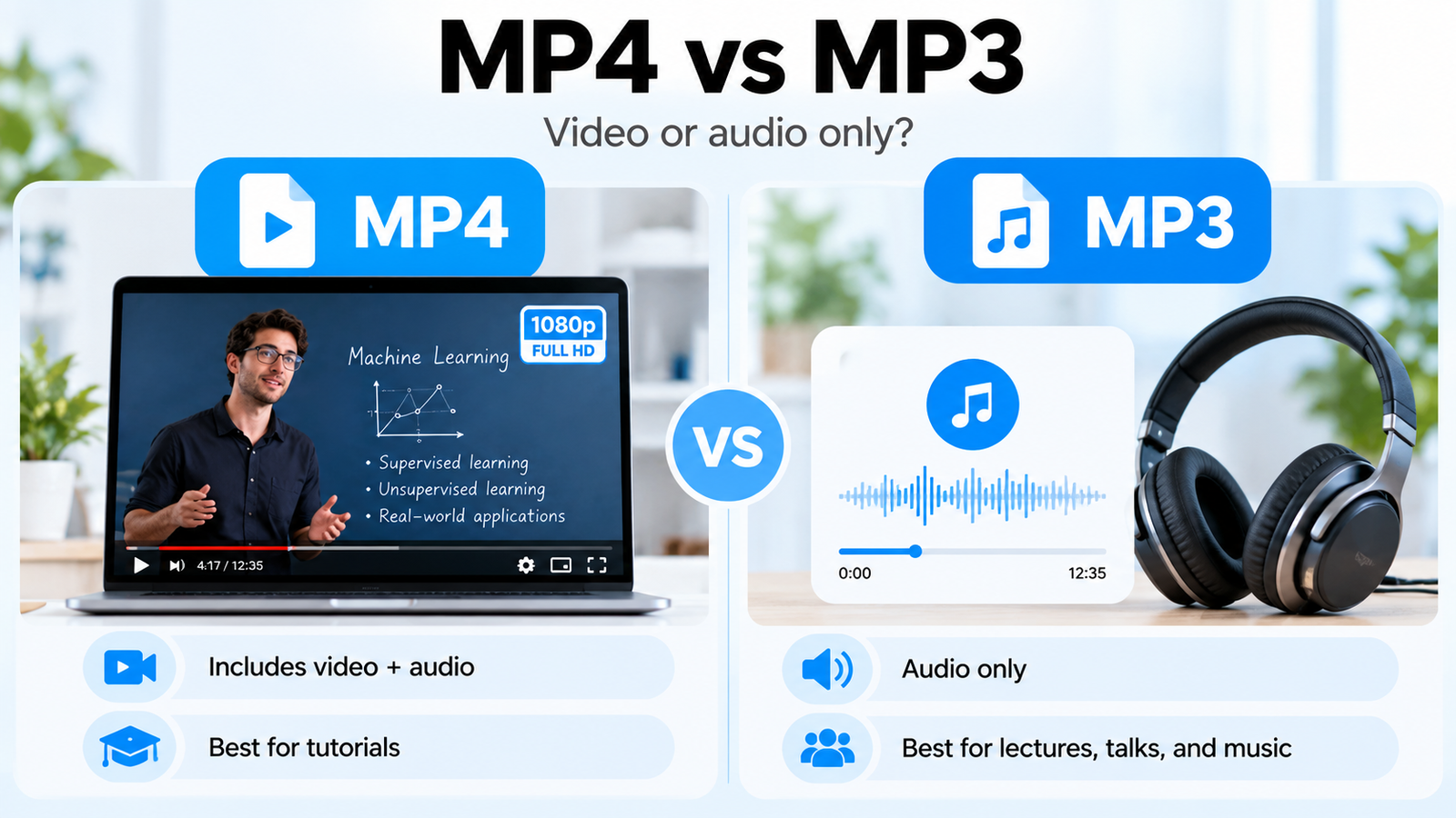 MP4 video versus MP3 audio format comparison for online lessons