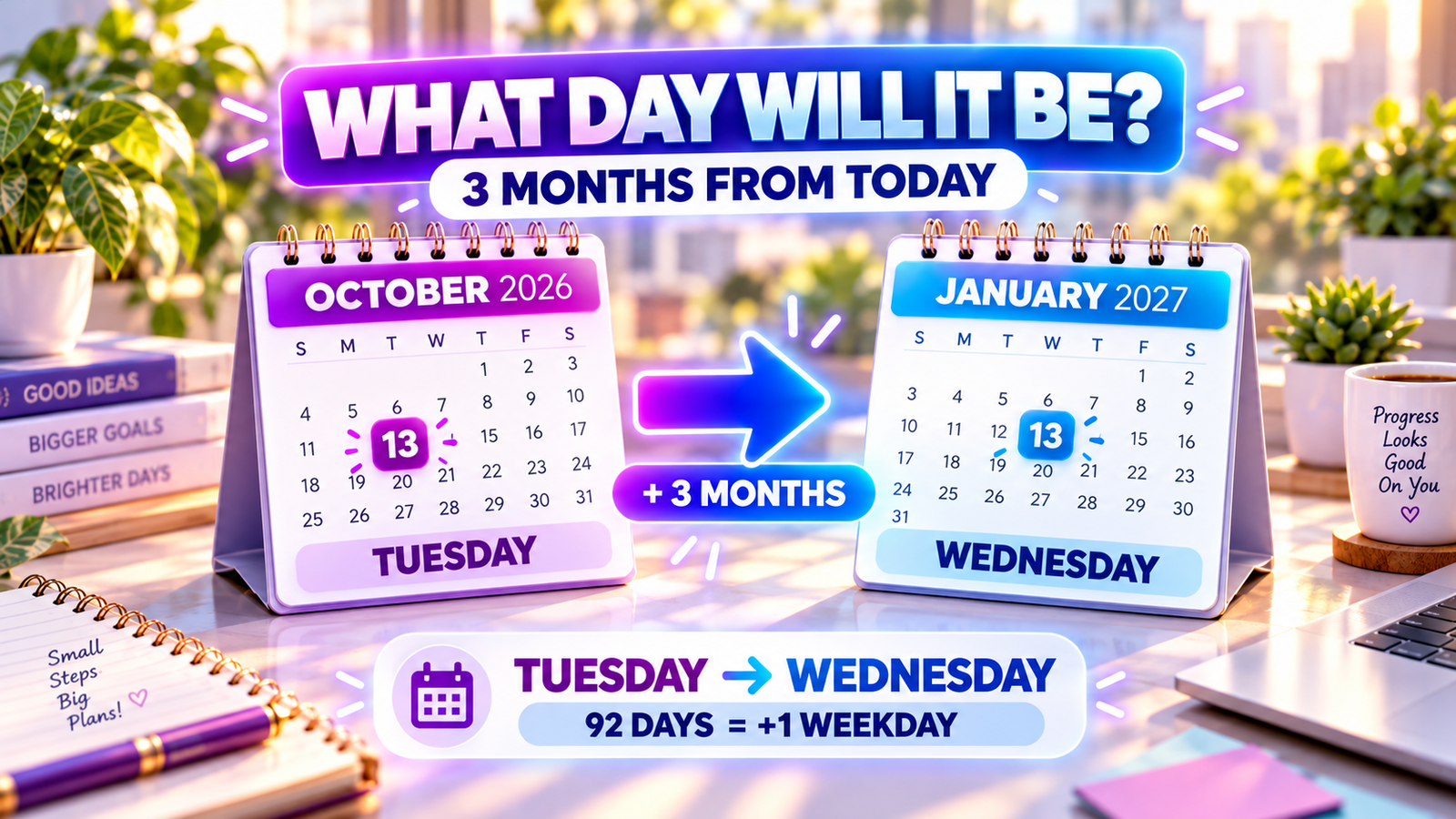 Calendar comparison showing Tuesday October 13, 2026 and Wednesday January 13, 2027 after adding three months