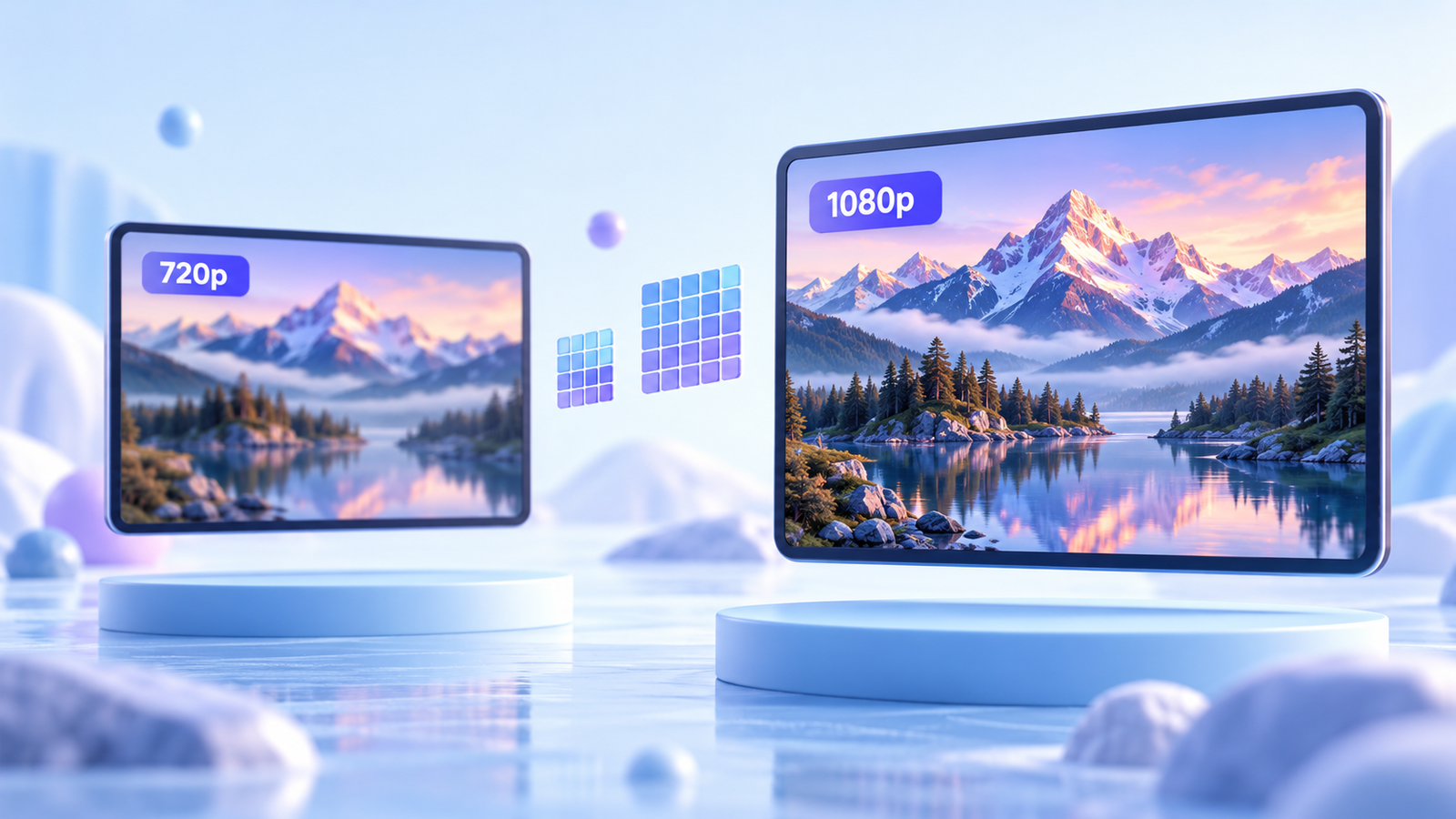 Illustrative comparison of video detail on screens labelled 720p and 1080p.