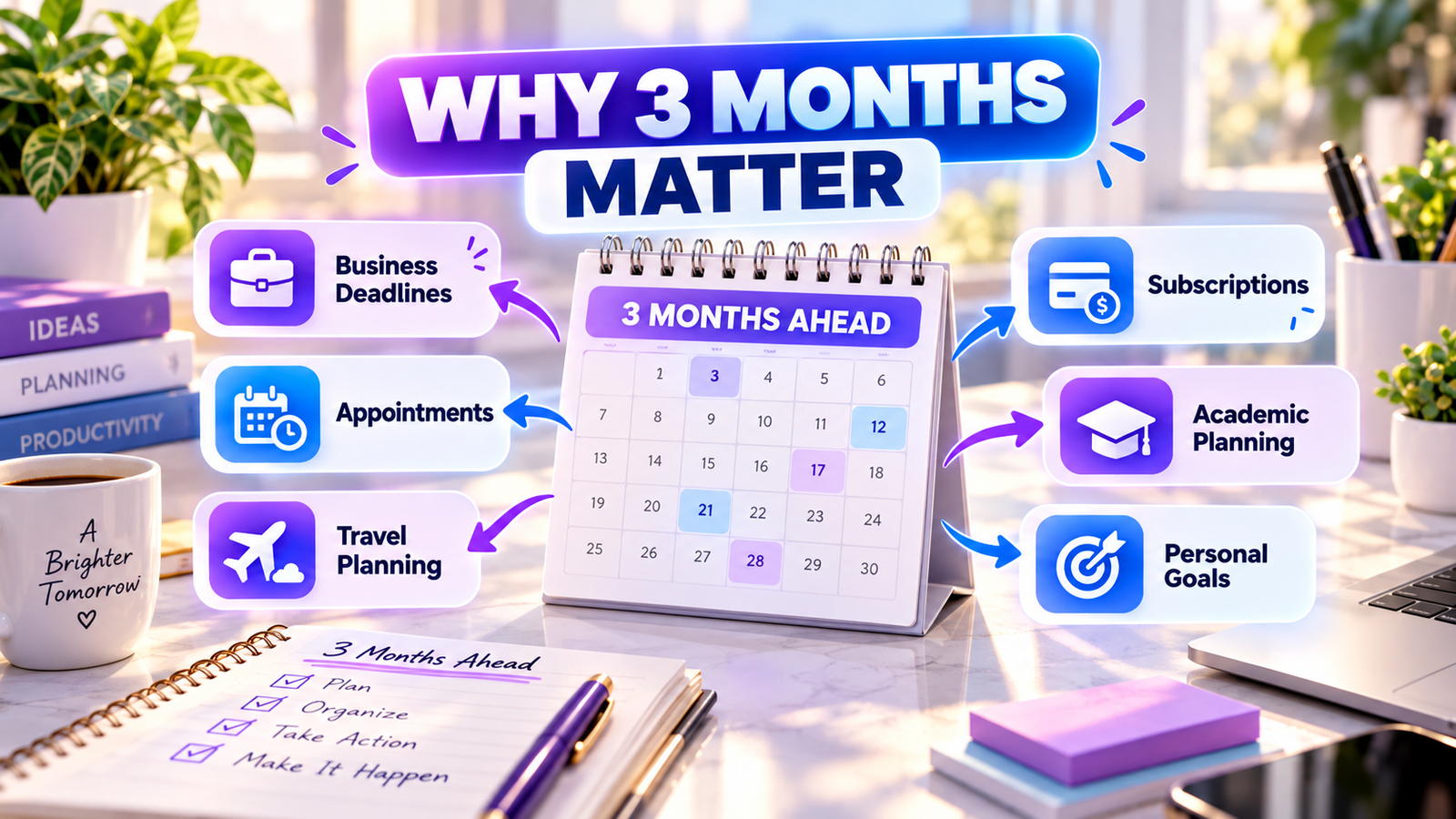 Infographic showing three-month planning uses including business deadlines, appointments, travel, subscriptions, education, and personal goals