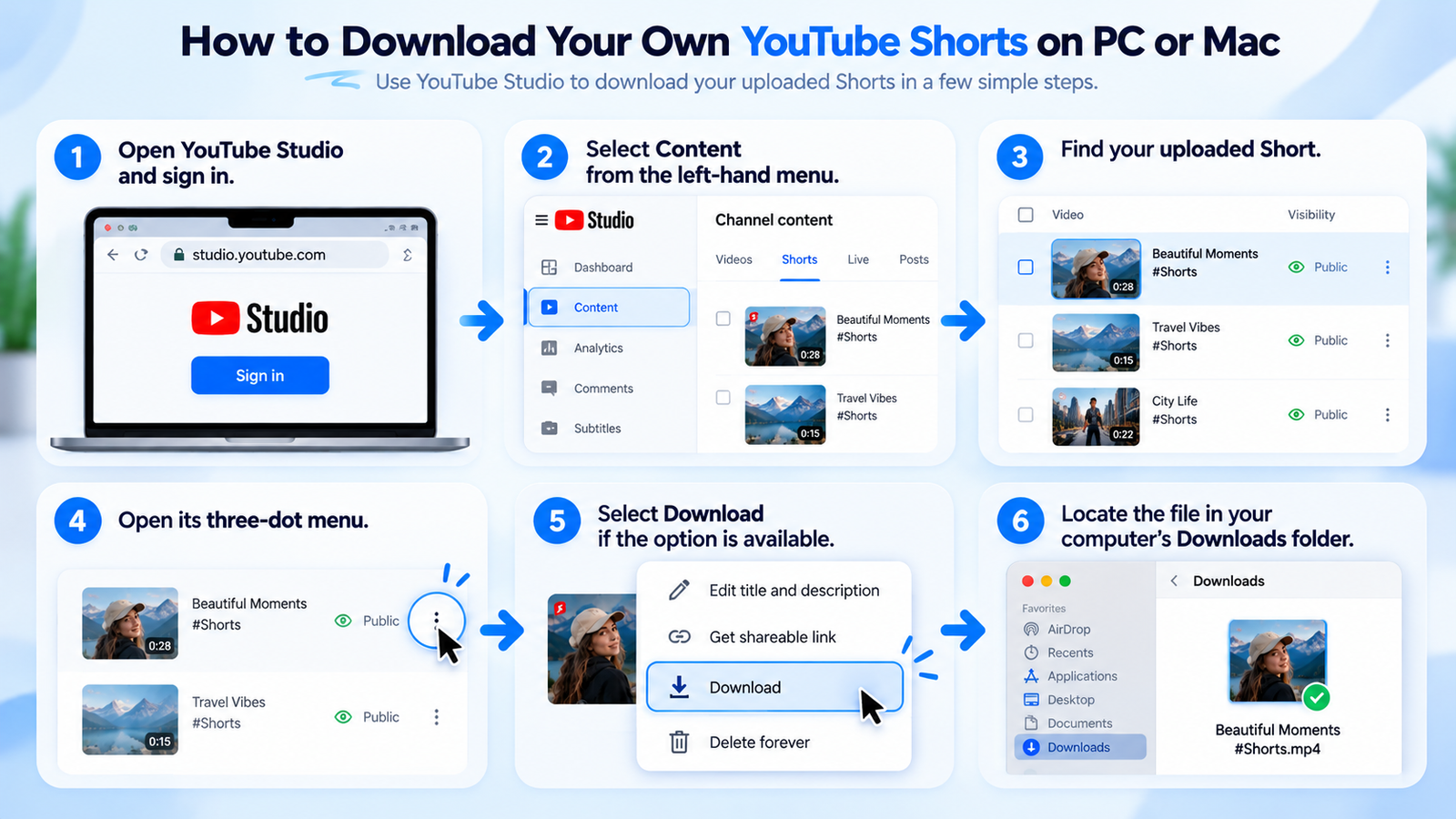 Six steps to download your own YouTube Shorts from YouTube Studio