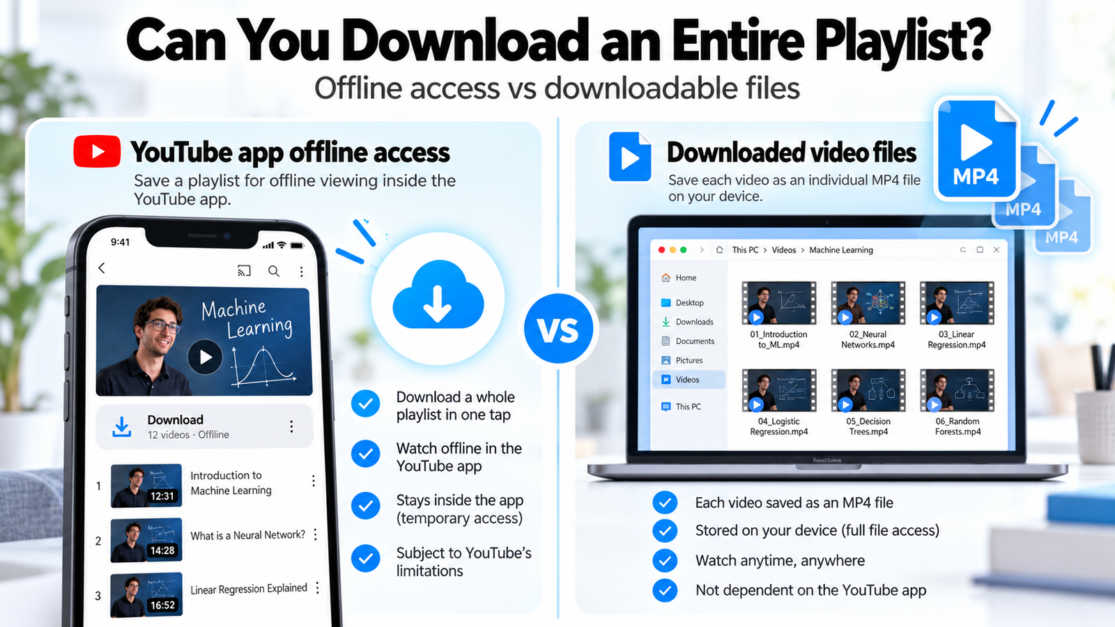 Comparison between official YouTube playlist offline viewing and saved individual video files