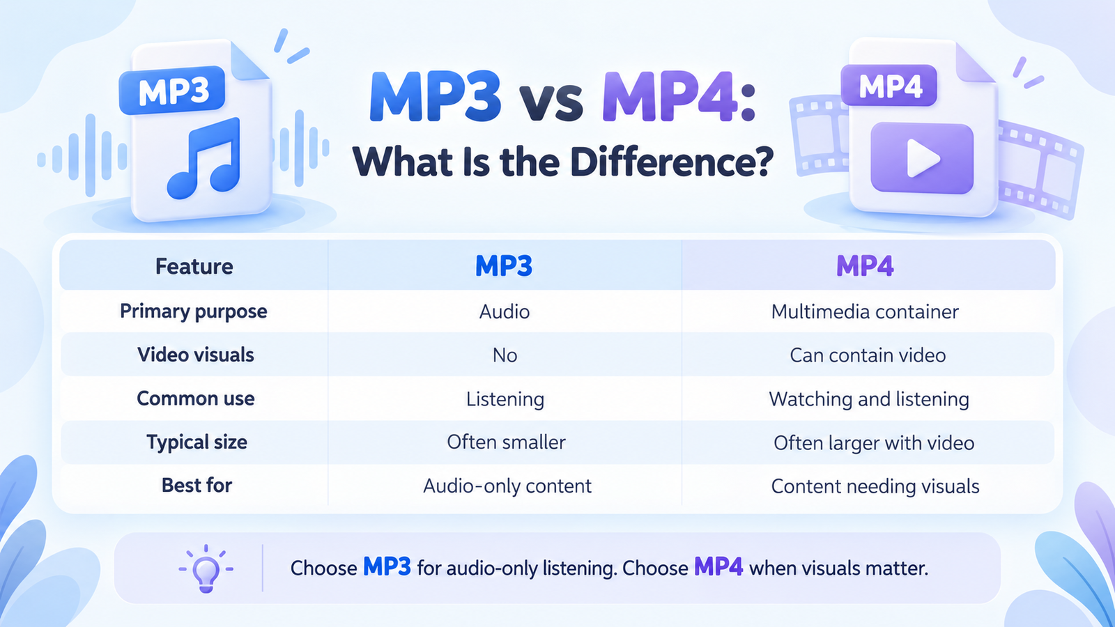 MP3 versus MP4 comparison showing audio-only and video with audio formats