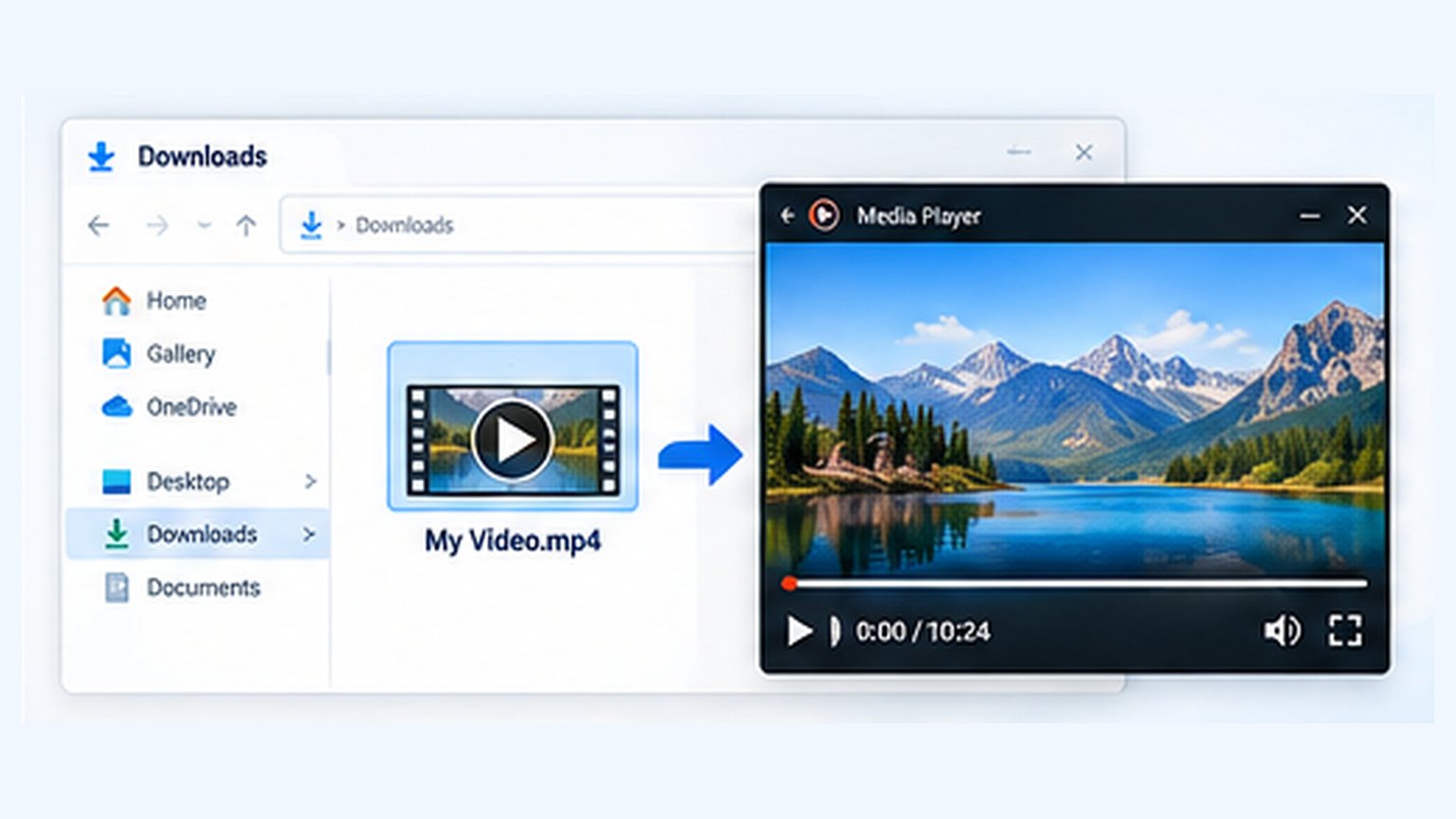 Downloaded MP4 file in a computer Downloads folder opened in a media player