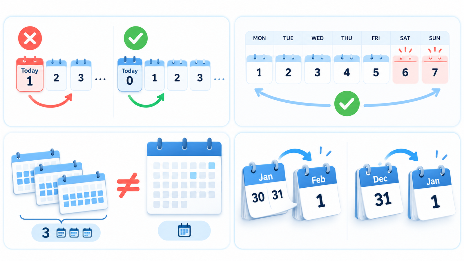 Common mistakes when calculating three weeks including weekends, starting dates, and month changes