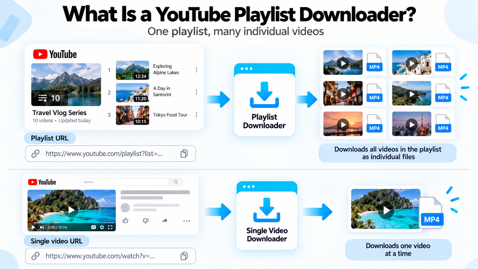Illustration of playlist URLs compared with single video URLs
