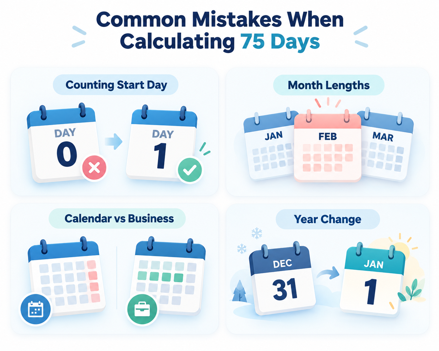 Common date calculation mistakes including the start day, month lengths, business days and year changes