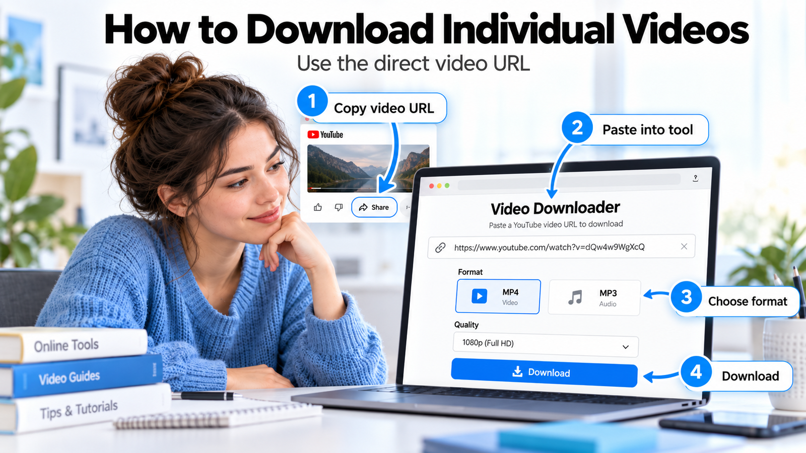 Four step illustration for downloading an eligible single YouTube video