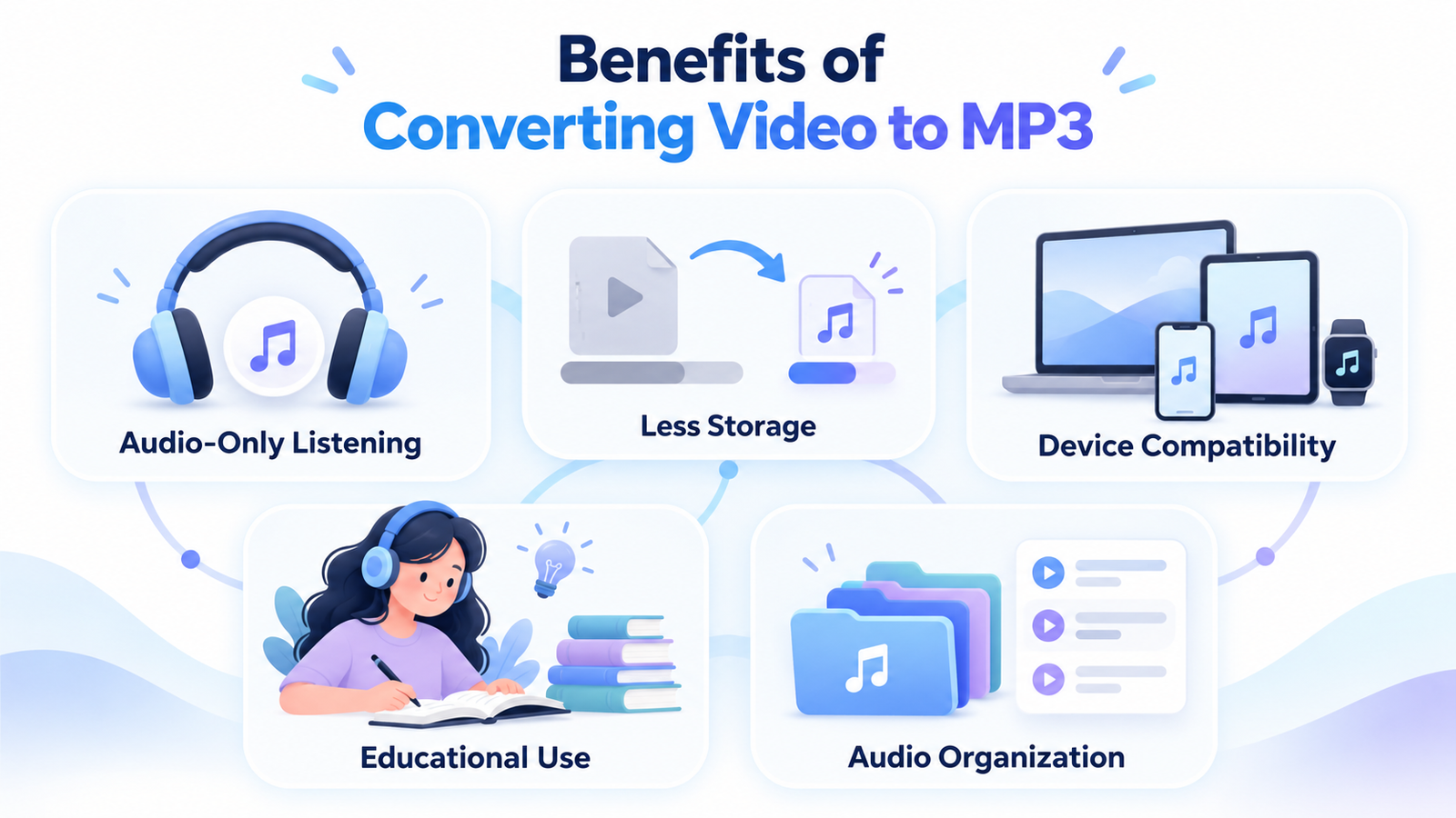 Benefits of MP3 conversion including listening convenience, smaller files, device compatibility, education and organization