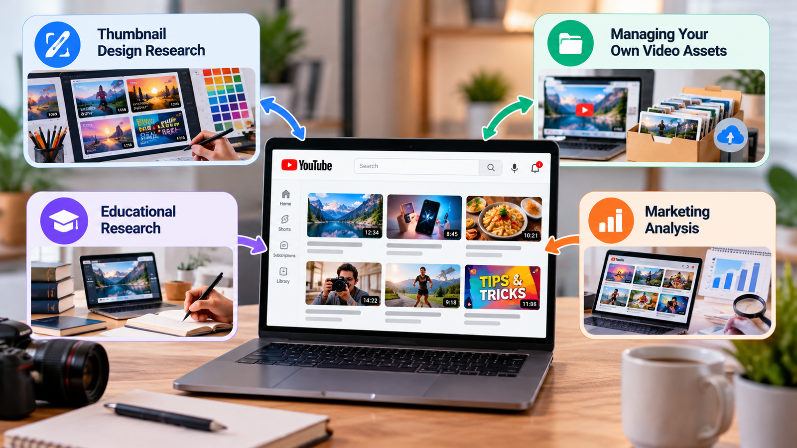 Use cases for YouTube thumbnails including design research, asset management, educational research and marketing analysis