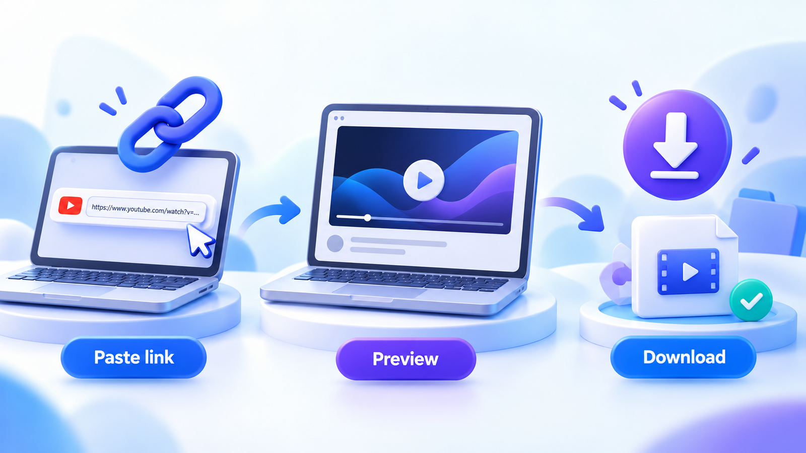 Three download steps: paste a YouTube link, preview the video and download the prepared file.