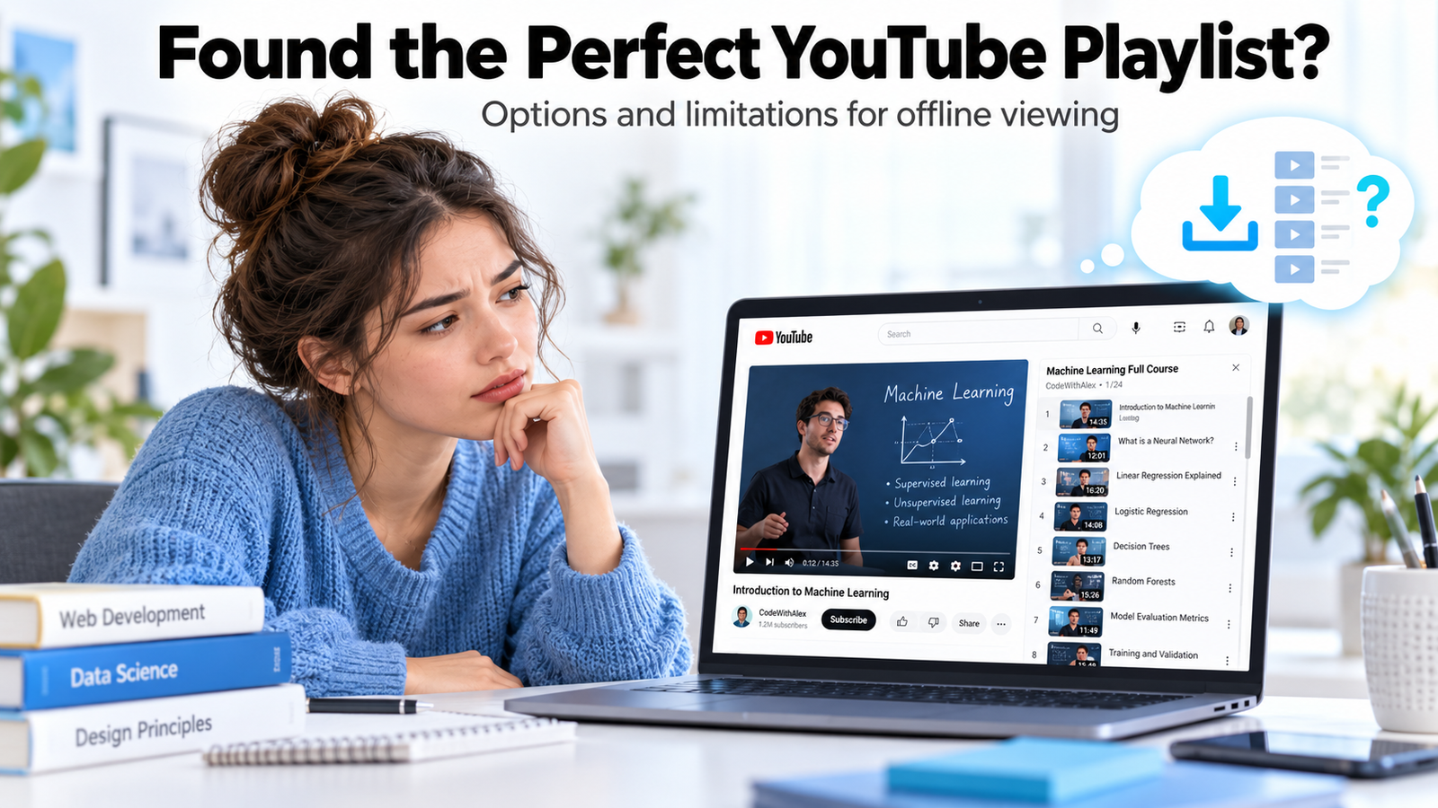Student exploring a YouTube learning playlist and considering offline viewing