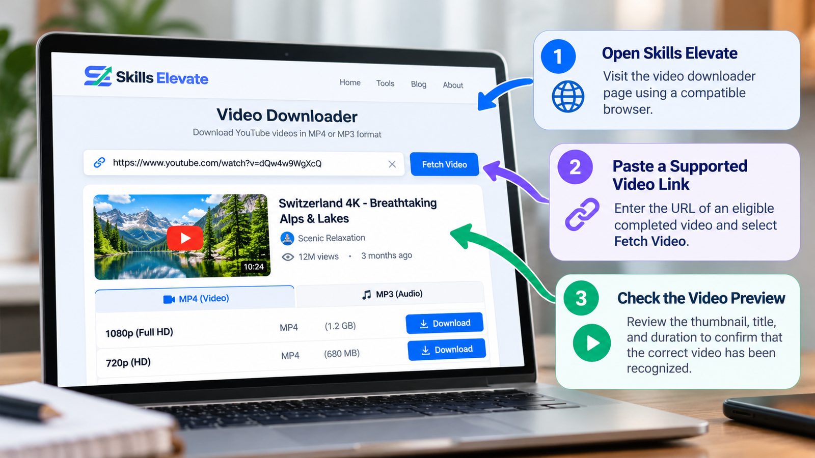 Skills Elevate Video Downloader displaying a video URL field and thumbnail preview