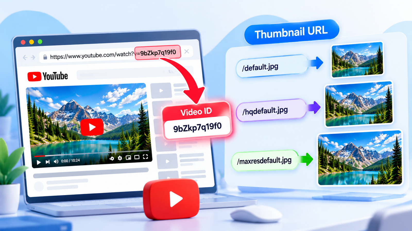 Diagram illustrating how a YouTube video ID forms a thumbnail image URL