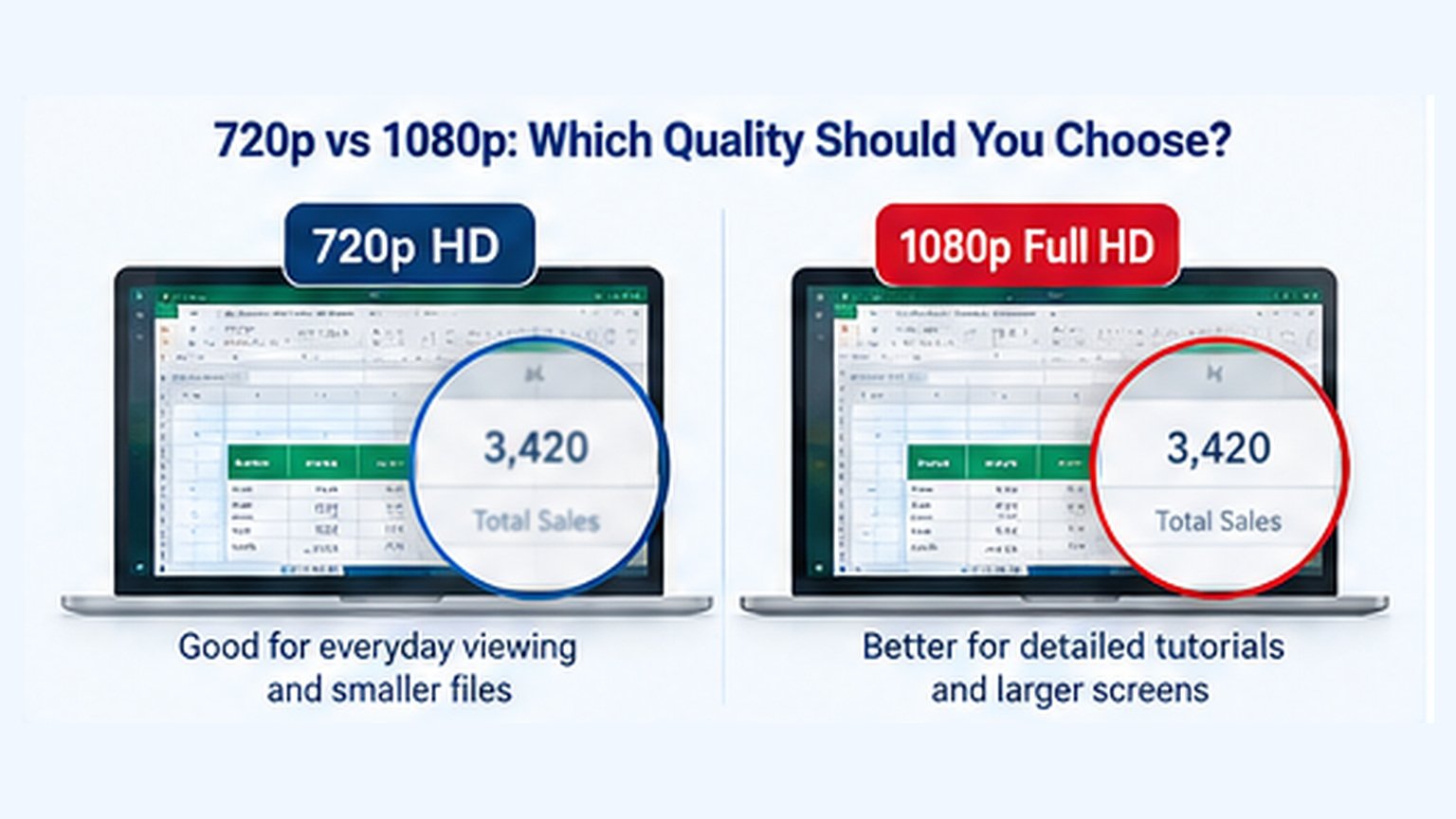 Comparison of 720p HD and 1080p Full HD video detail in a spreadsheet tutorial